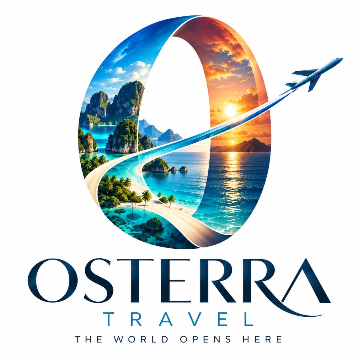 OSTERRA Travel logo: a portal of tropical coast and sunset, with an aircraft crossing the opening